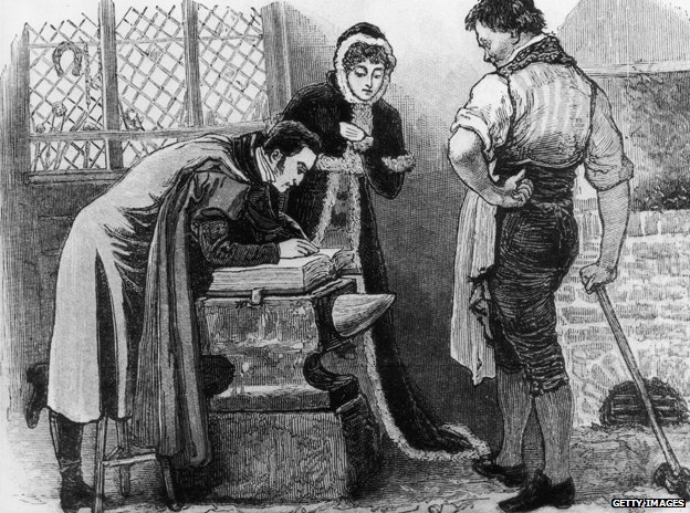 图片显示大约1850年一对私奔情侣在格雷特纳•格林的铁匠铺结婚